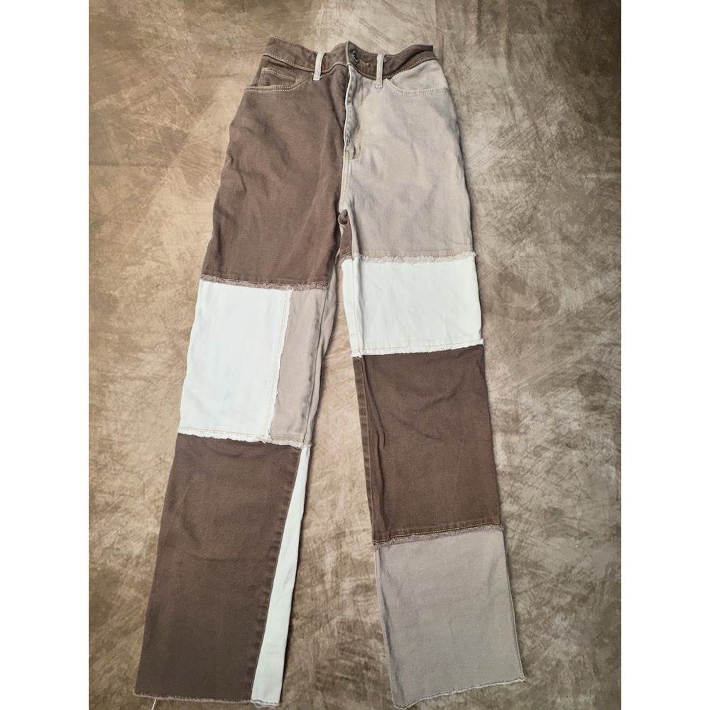 Hollister Women's Patchwork Ultra High Rise Dad Jeans - Brown & Cream Size 0